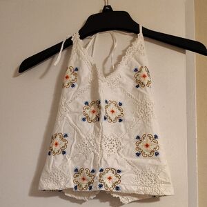 White Embroidered Crochet-Trim Halter Camisole